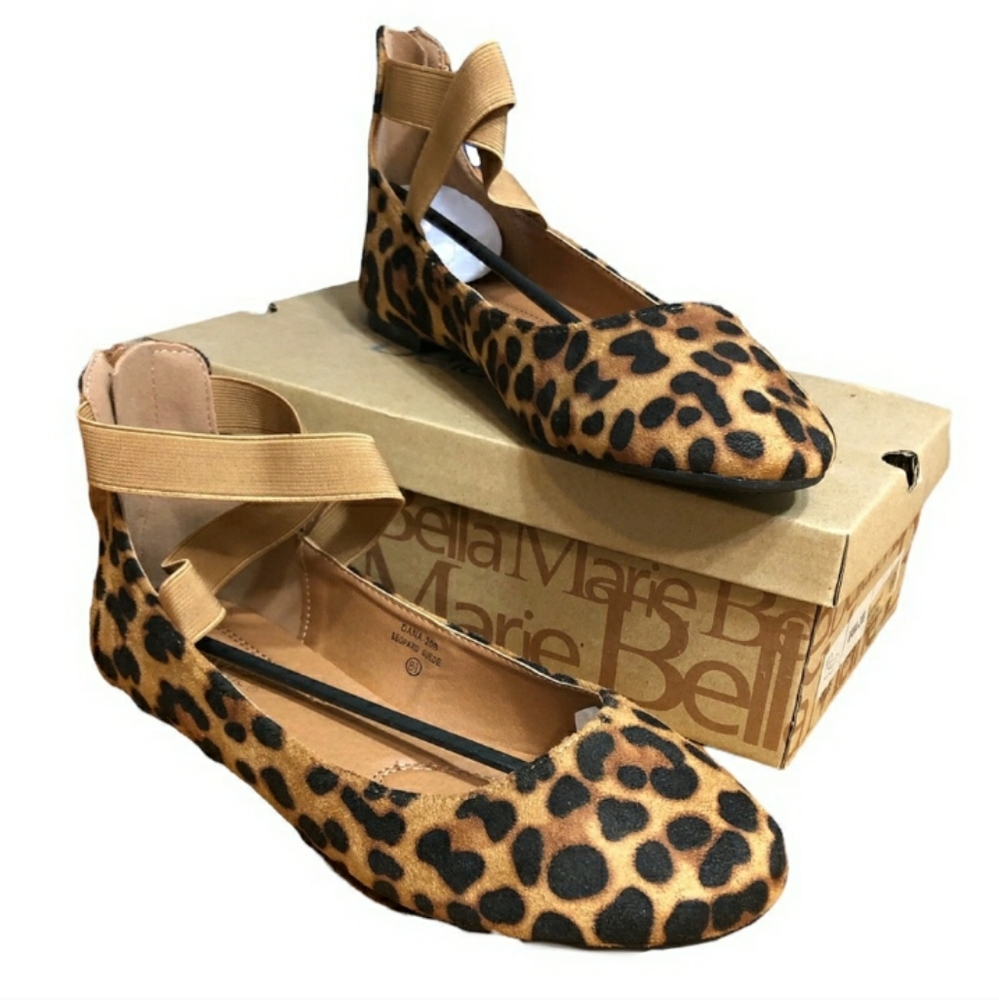 Bella Marie Dana-20 Leopard Suede Ballerina Flat w/Elastic Crossing Stra…